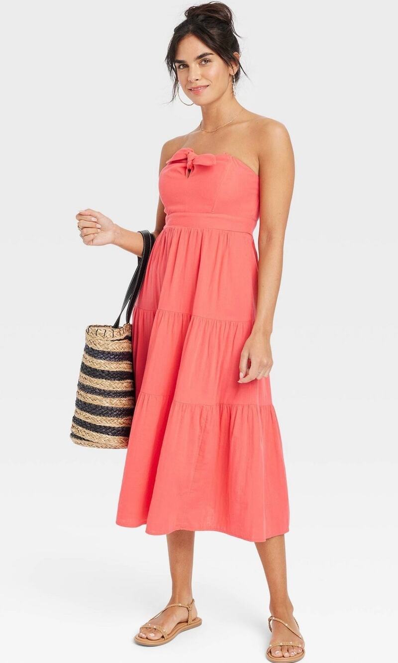 Universal Thread Strapless Midi Dress Coral Pink Medium Tiered Cotton Beachy Bow